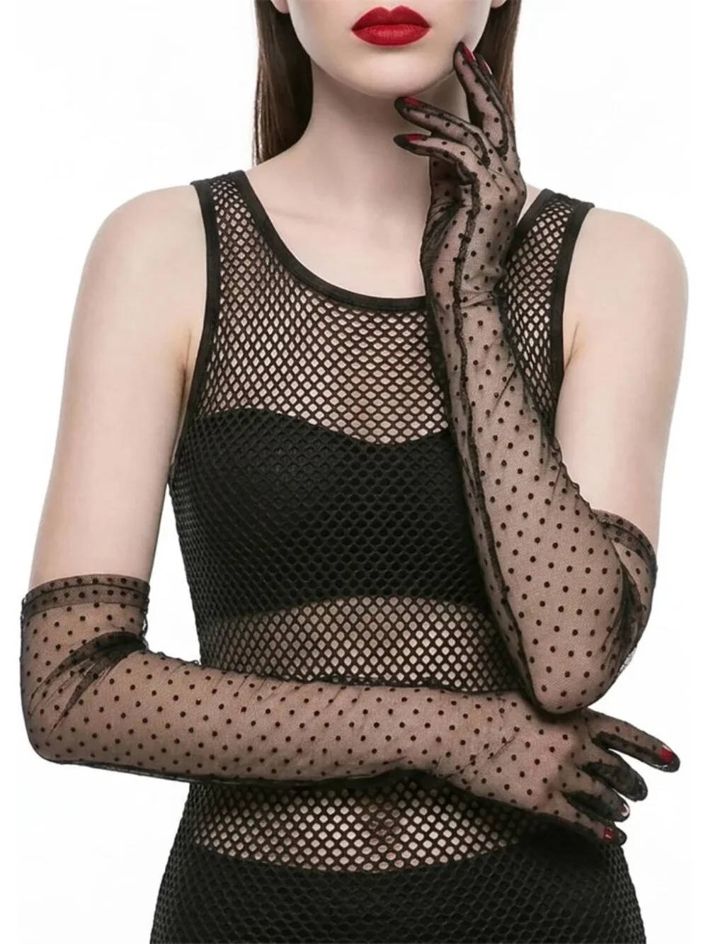 Women's Polka Dot Black Satin Opera Length Elbow Long Evening Party Gloves